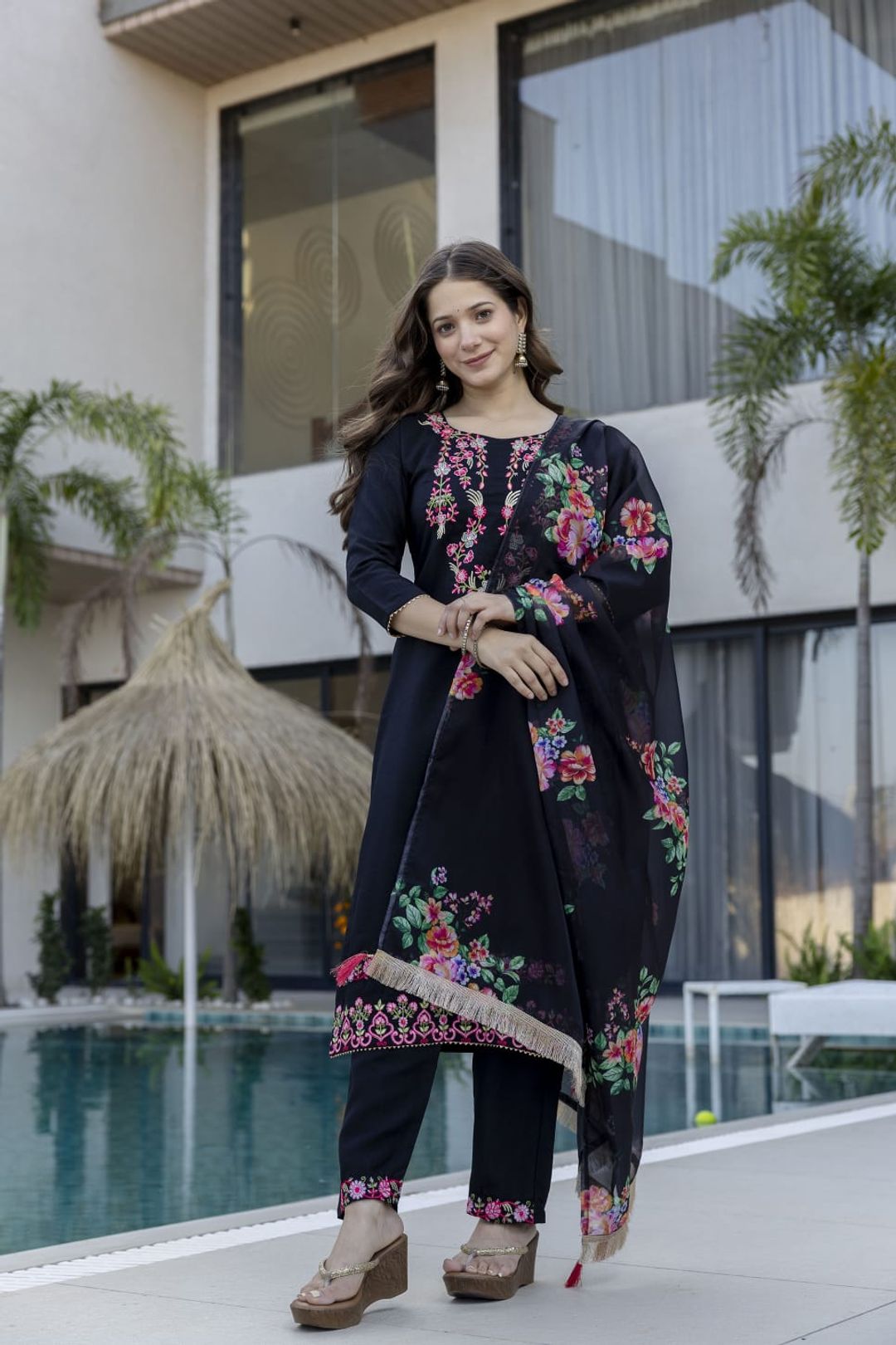 Black Chinon Embroidered Kurta Set with Floral Dupatta