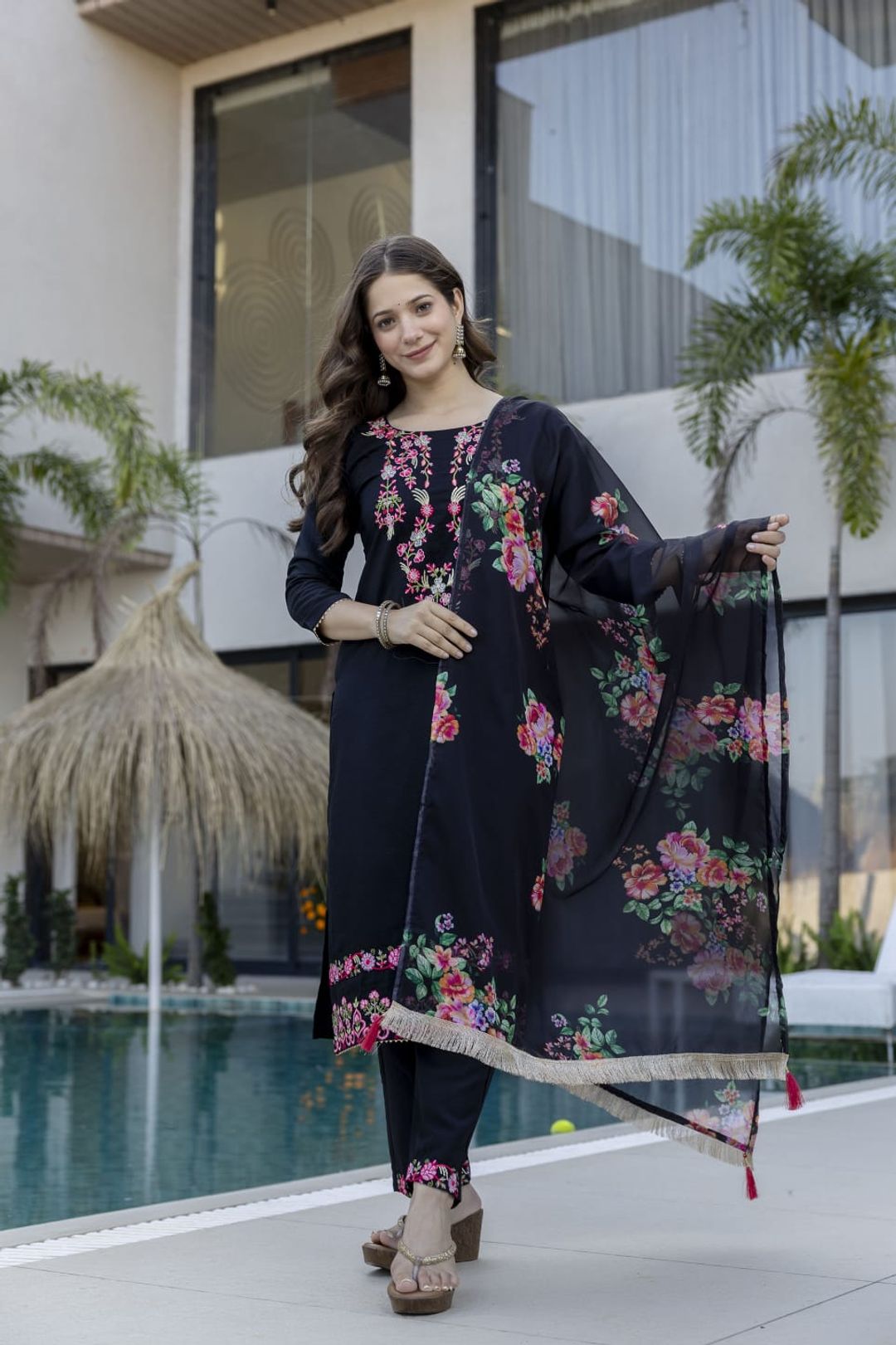 Black Chinon Embroidered Kurta Set with Floral Dupatta