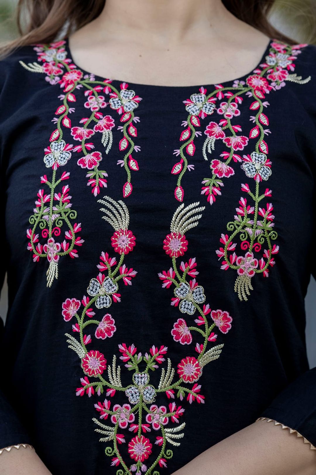Black Chinon Embroidered Kurta Set with Floral Dupatta
