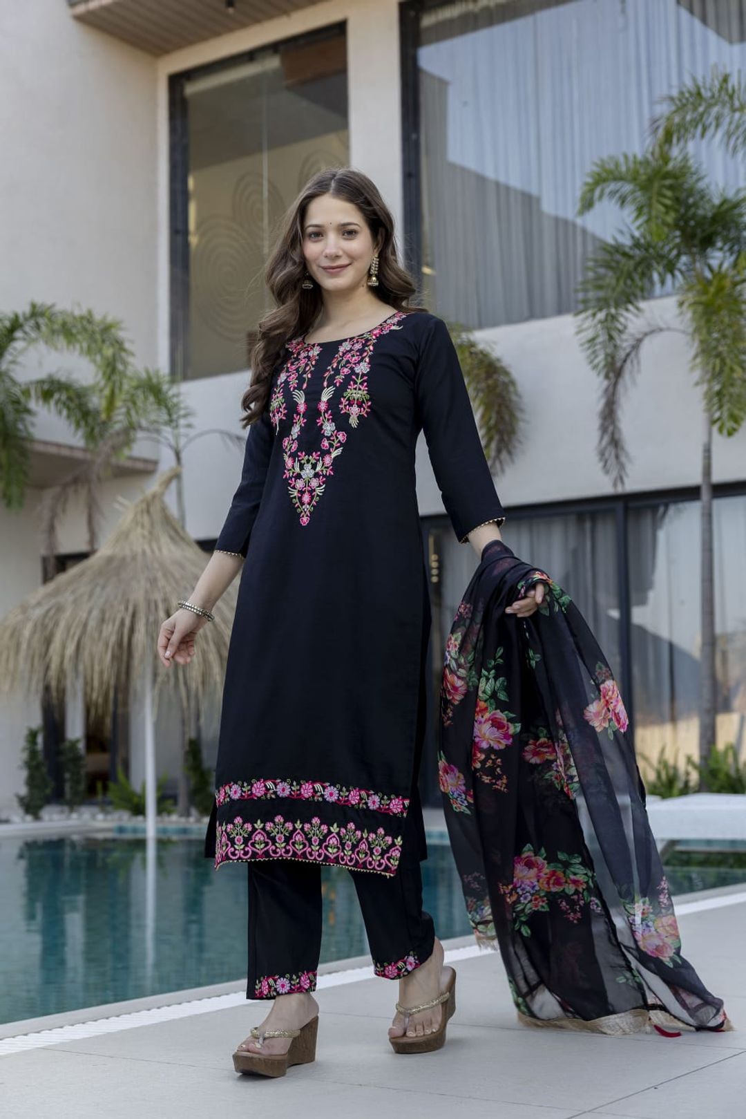 Black Chinon Embroidered Kurta Set with Floral Dupatta