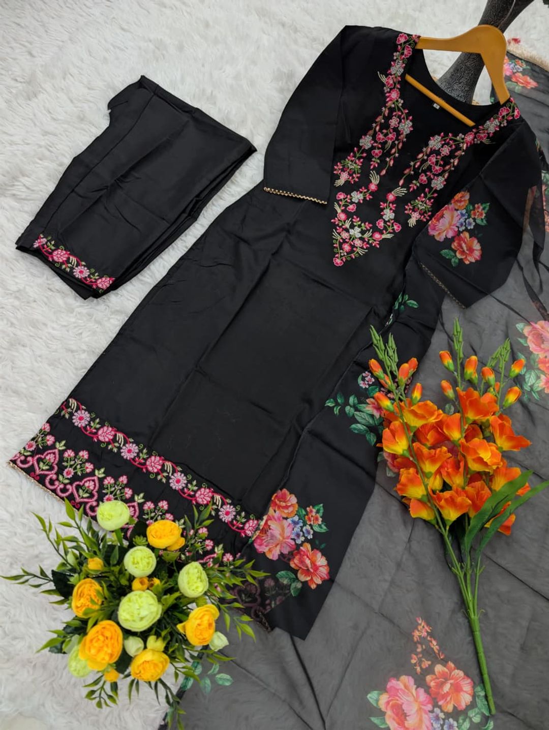 Black Chinon Embroidered Kurta Set with Floral Dupatta