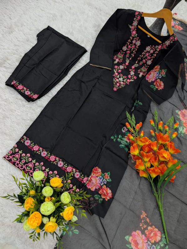 Black Chinon Embroidered Kurta Set with Floral Dupatta