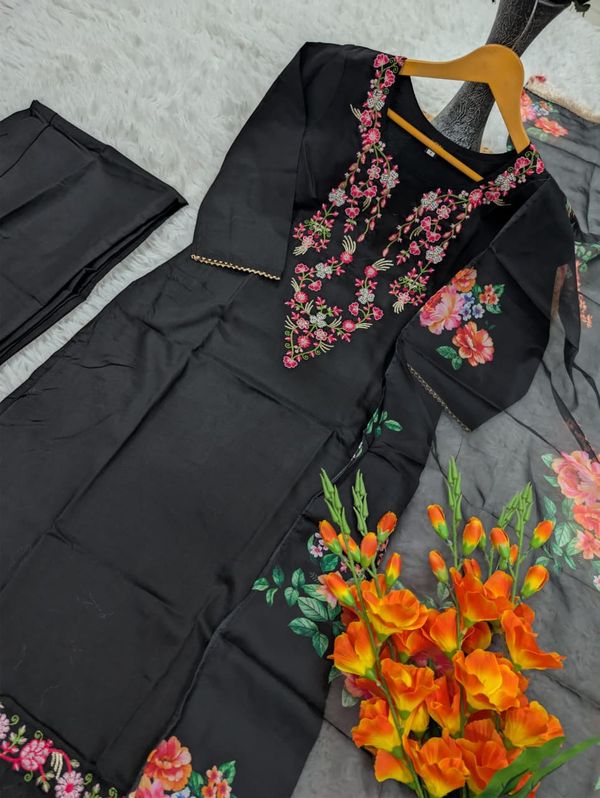 Black Chinon Embroidered Kurta Set with Floral Dupatta