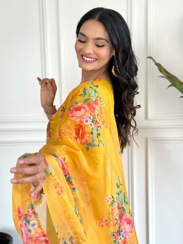 Mustard Yellow Viscose Chinon Embroidered Kurta Set