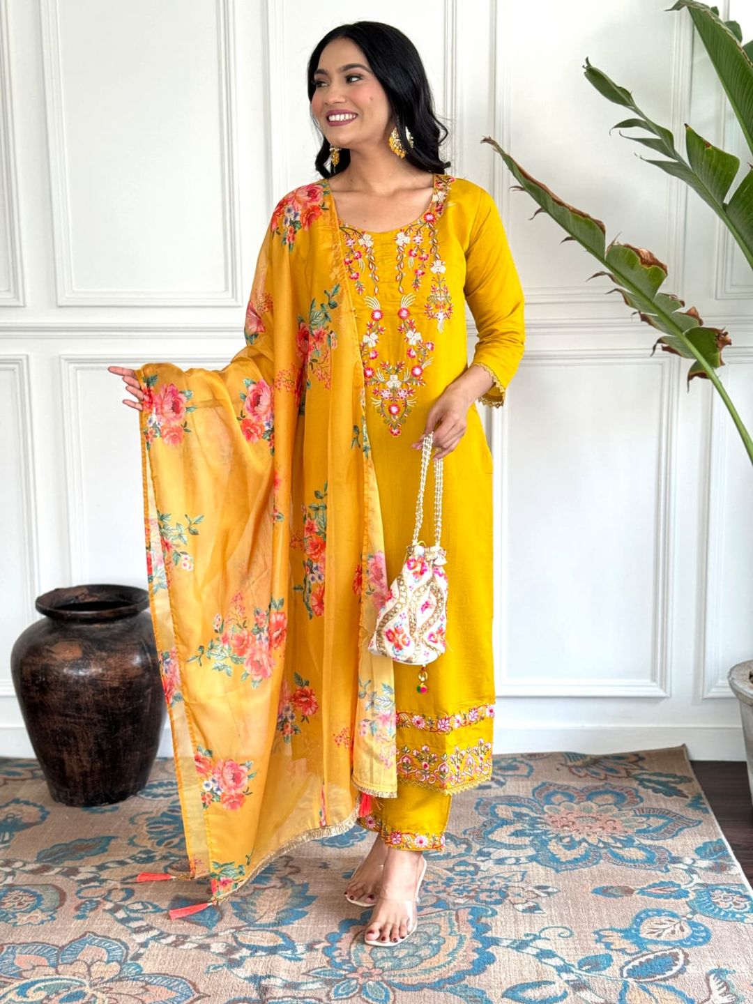 Mustard Yellow Viscose Chinon Embroidered Kurta Set