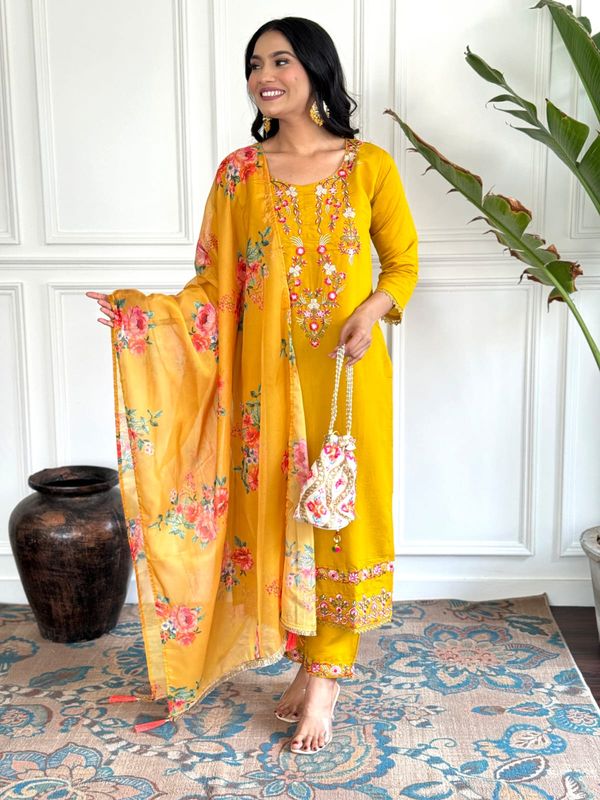 Mustard Yellow Viscose Chinon Embroidered Kurta Set