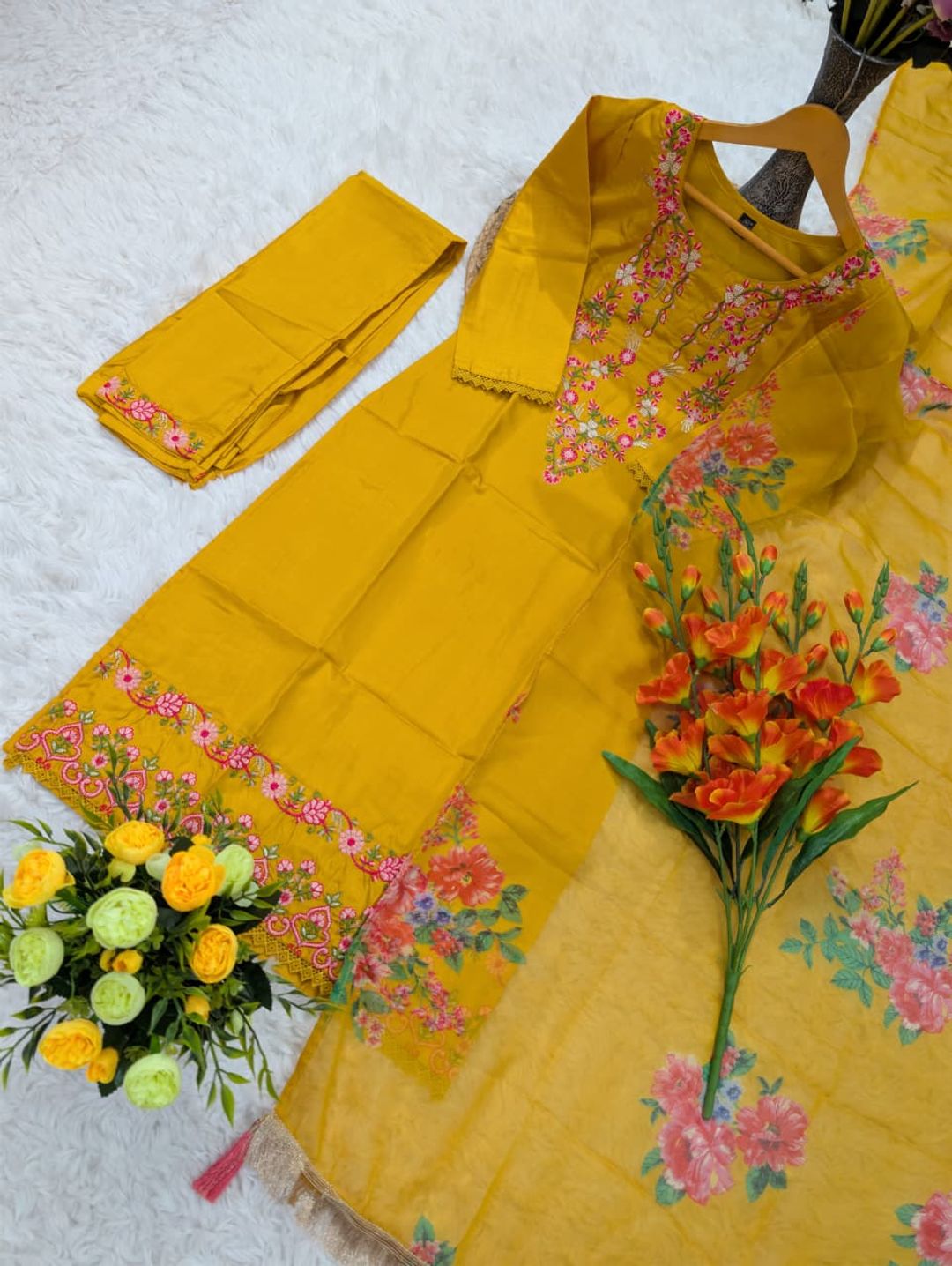 Mustard Yellow Viscose Chinon Embroidered Kurta Set
