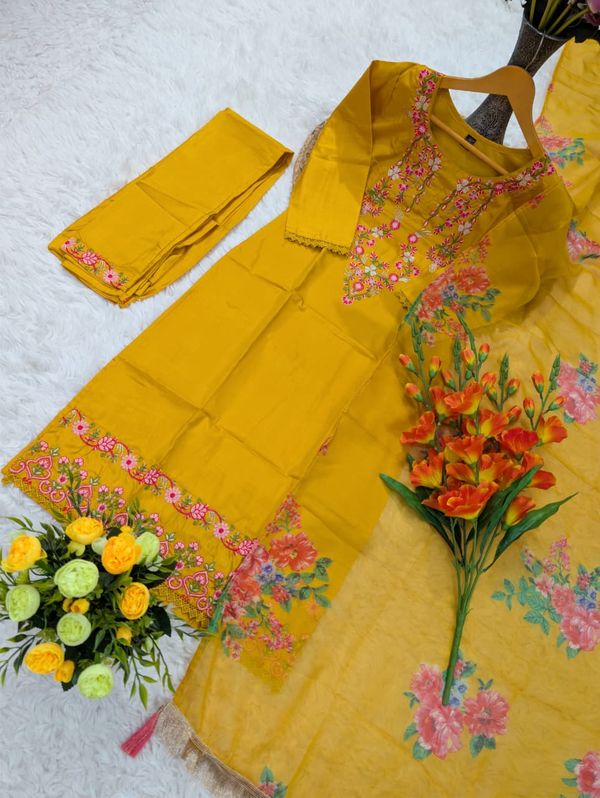 Mustard Yellow Viscose Chinon Embroidered Kurta Set