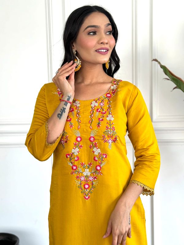 Mustard Yellow Viscose Chinon Embroidered Kurta Set