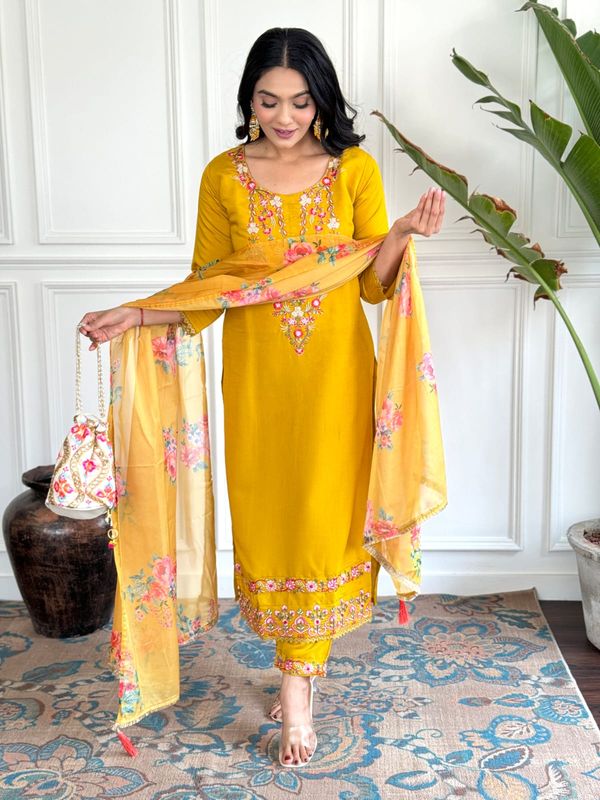 Mustard Yellow Viscose Chinon Embroidered Kurta Set