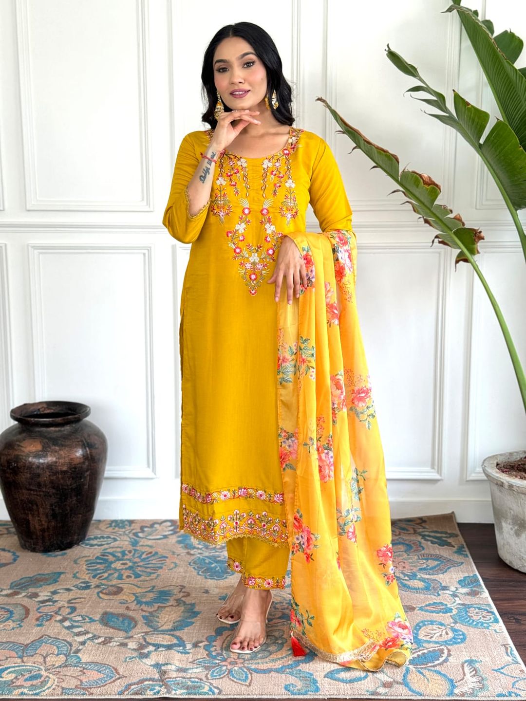 Mustard Yellow Viscose Chinon Embroidered Kurta Set