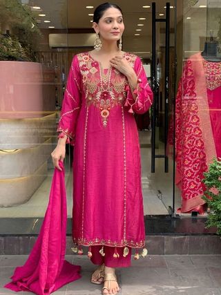 Madhuri 2 Pink Chanderi Silk Kurta Set for Women | Varnavi