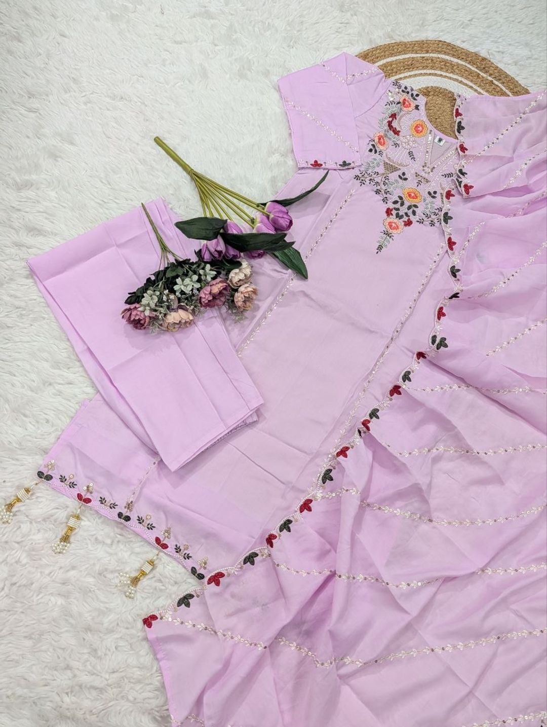 Lavender Chanderi Silk Embroidered Kurta Set for Women