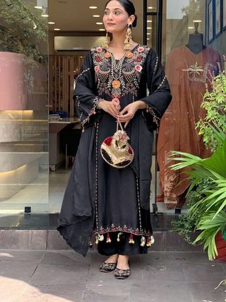 Madhuri 2 Black Chanderi Silk Embroidered Kurta Set