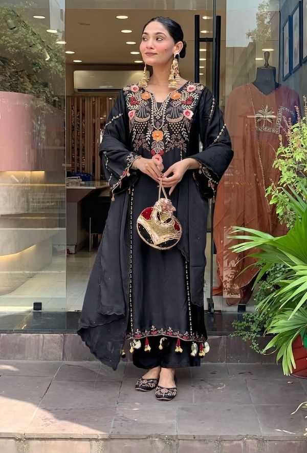 Madhuri 2 Black Chanderi Silk Embroidered Kurta Set