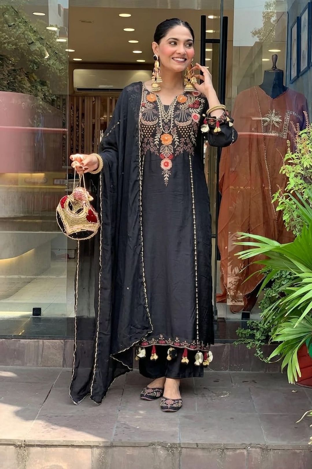 Madhuri 2 Black Chanderi Silk Embroidered Kurta Set