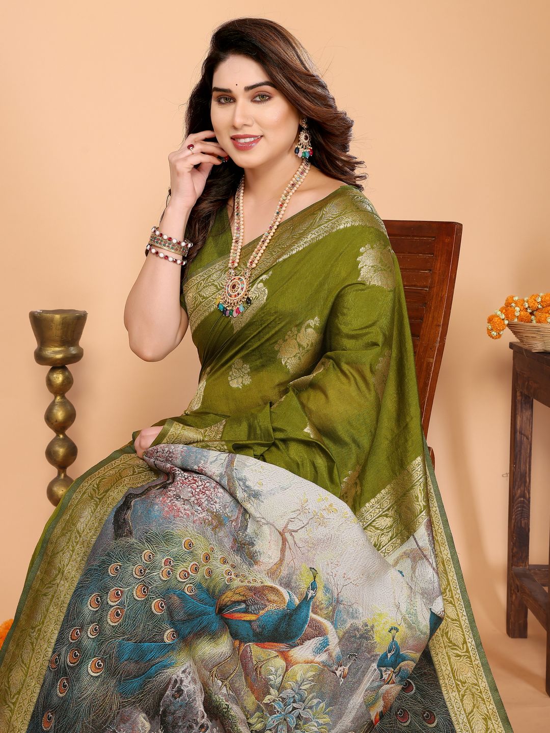 Mehndi Green Banarasi Silk Saree with Peacock Pallu | Varnavi