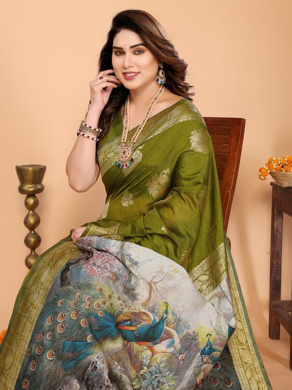Mehndi Green Banarasi Silk Saree with Peacock Pallu | Varnavi
