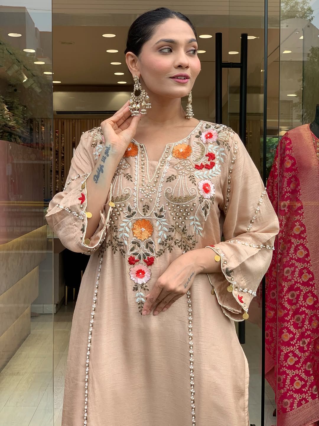 Beige Chanderi Silk Embroidered Kurta Set for Women | Varnavi