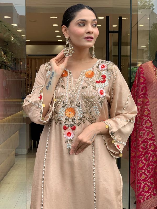 Beige Chanderi Silk Embroidered Kurta Set for Women | Varnavi