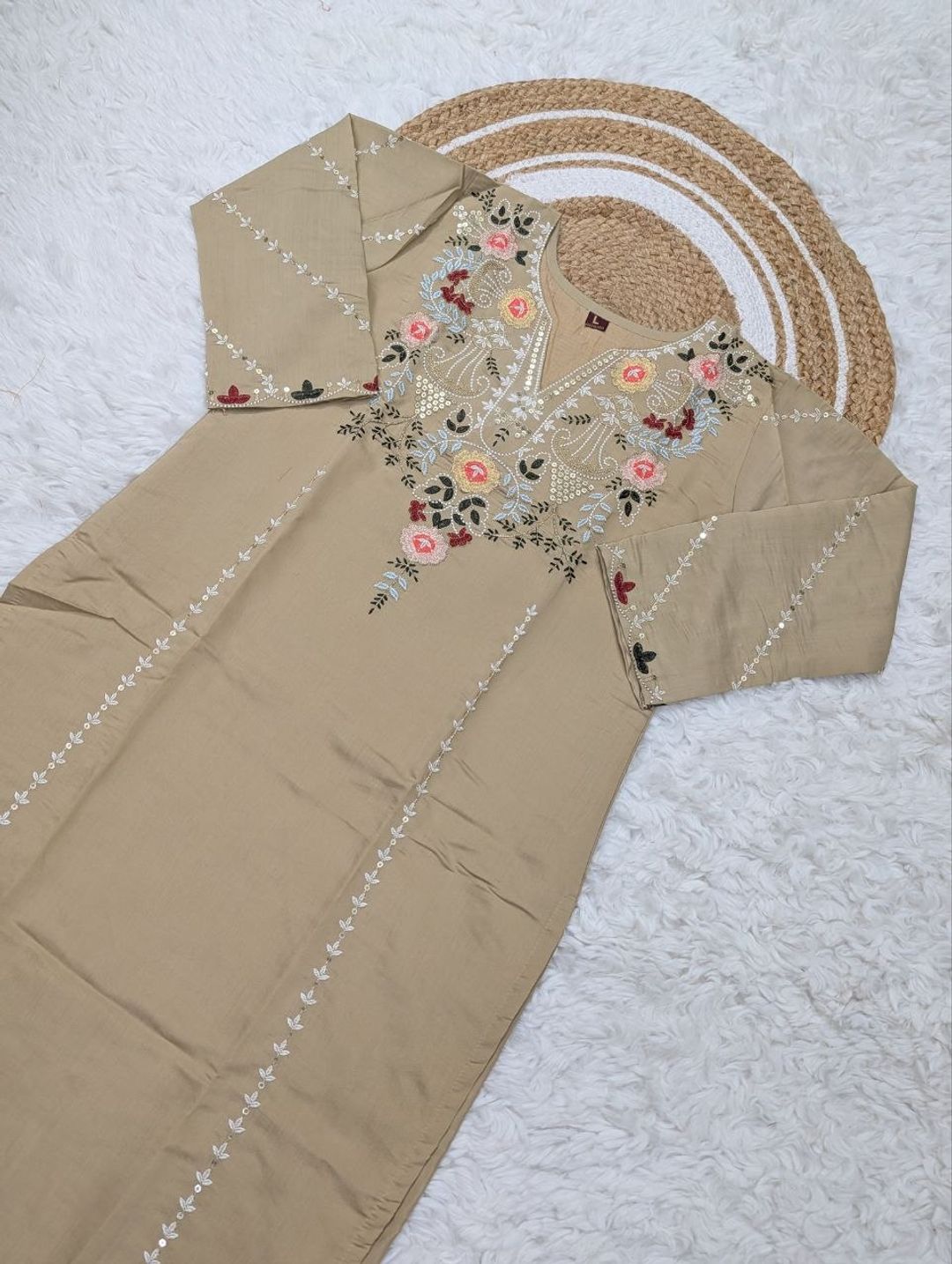 Beige Chanderi Silk Embroidered Kurta Set for Women | Varnavi