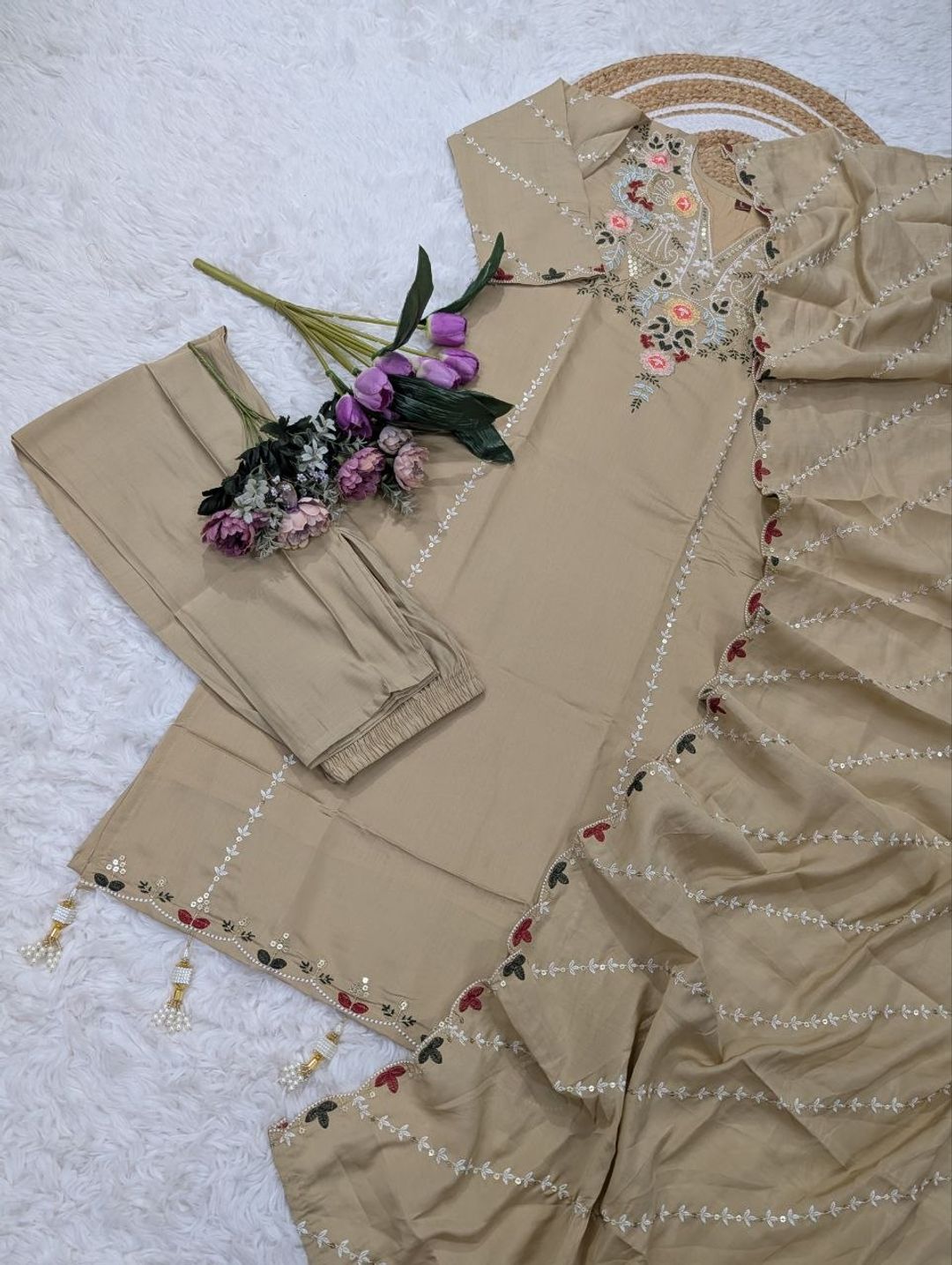 Beige Chanderi Silk Embroidered Kurta Set for Women | Varnavi