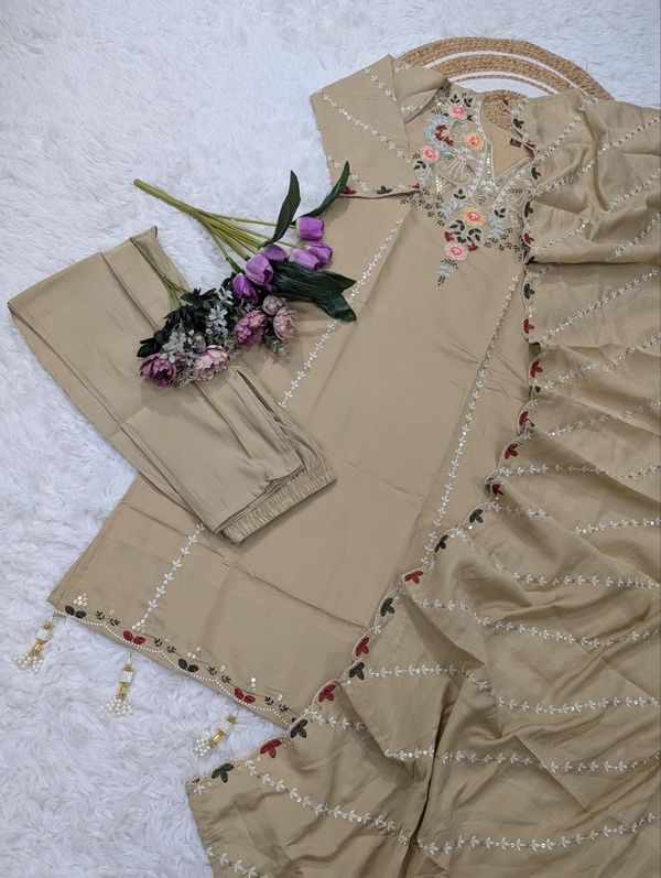 Beige Chanderi Silk Embroidered Kurta Set for Women | Varnavi