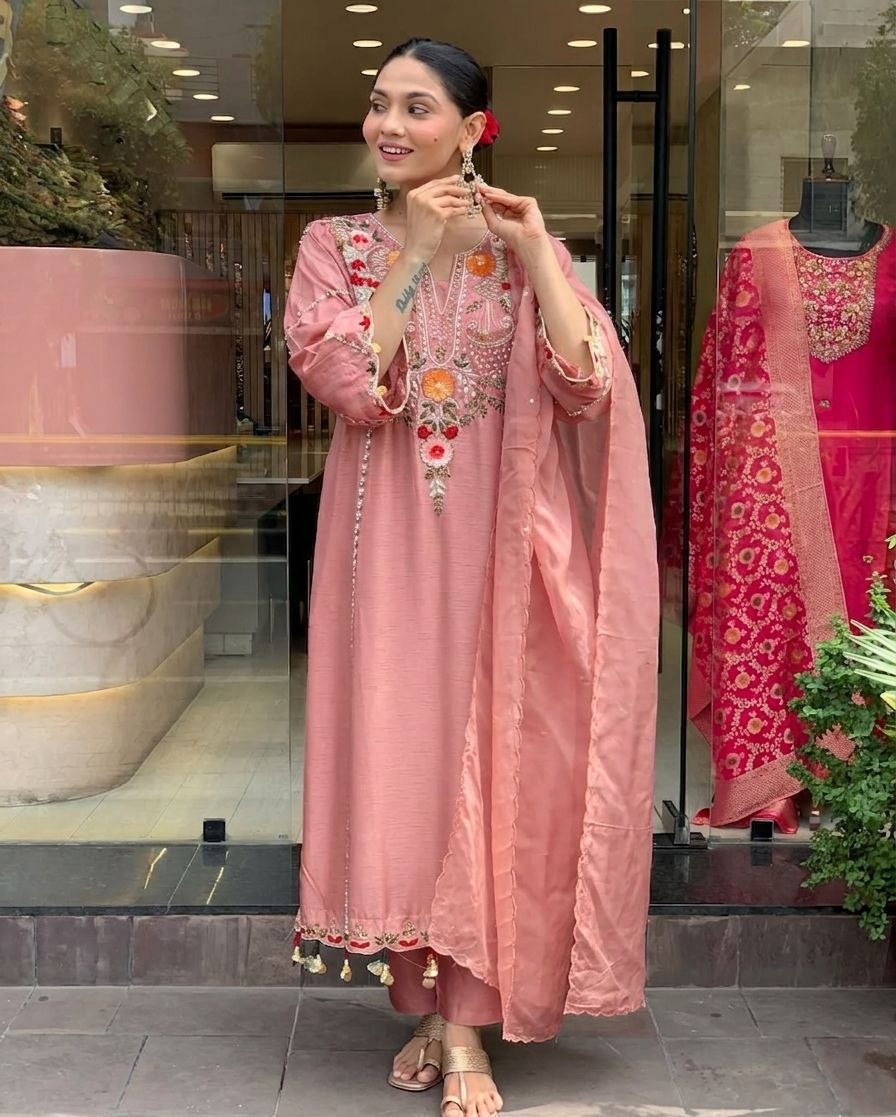 Embroidered red chanderi salwar suit