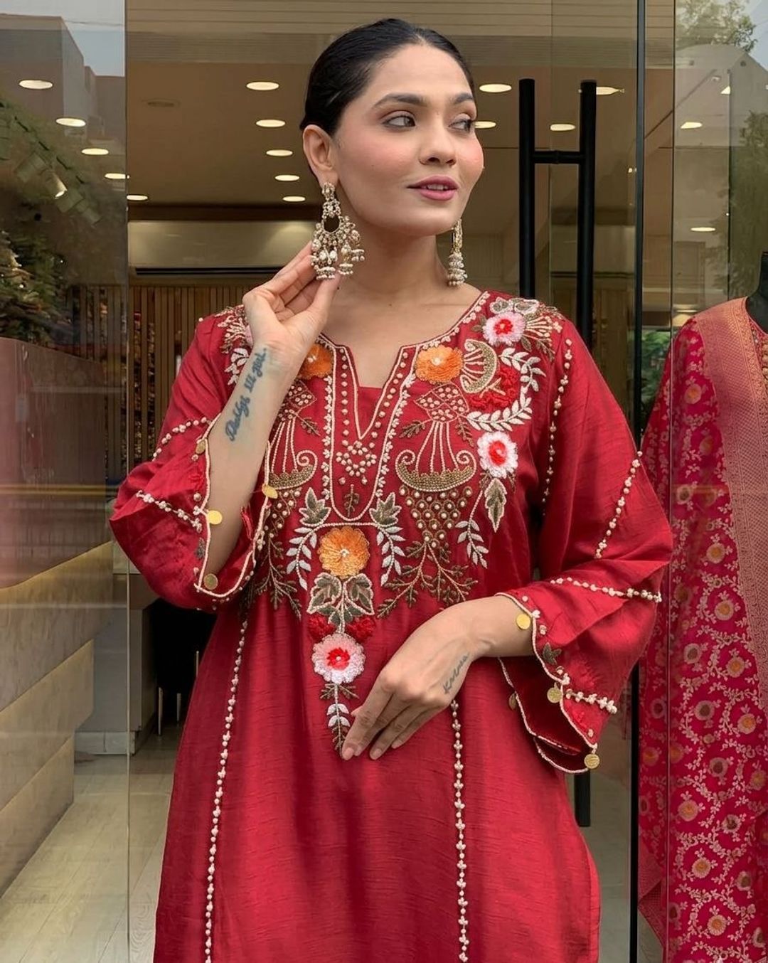 Deep Red Chanderi Silk Embroidered Kurta Set for Women