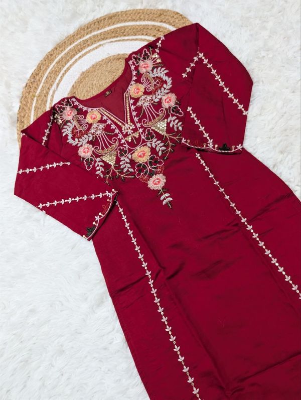 Deep Red Chanderi Silk Embroidered Kurta Set for Women
