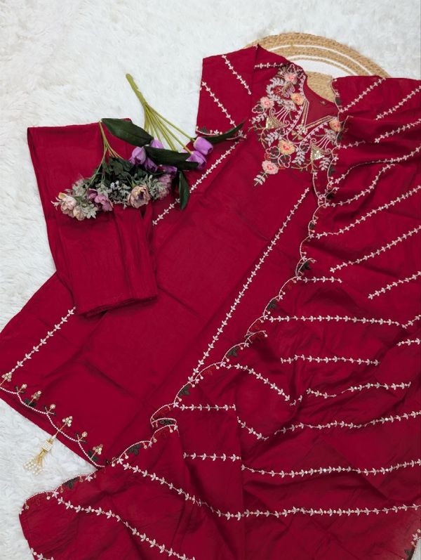 Deep Red Chanderi Silk Embroidered Kurta Set for Women