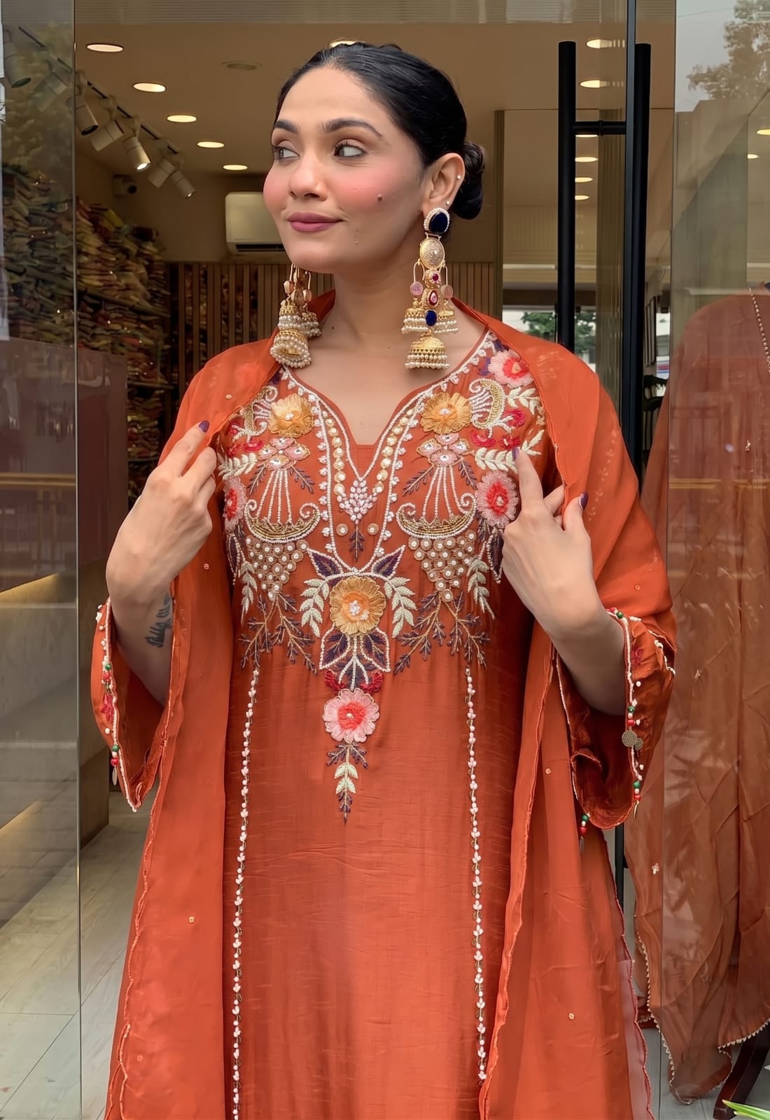 Embroidered red chanderi salwar suit