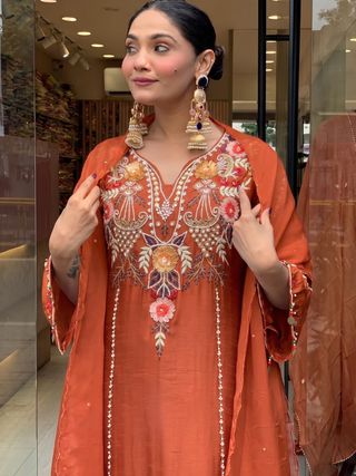 Rust Orange Chanderi Silk Embroidered Kurta Set for Women