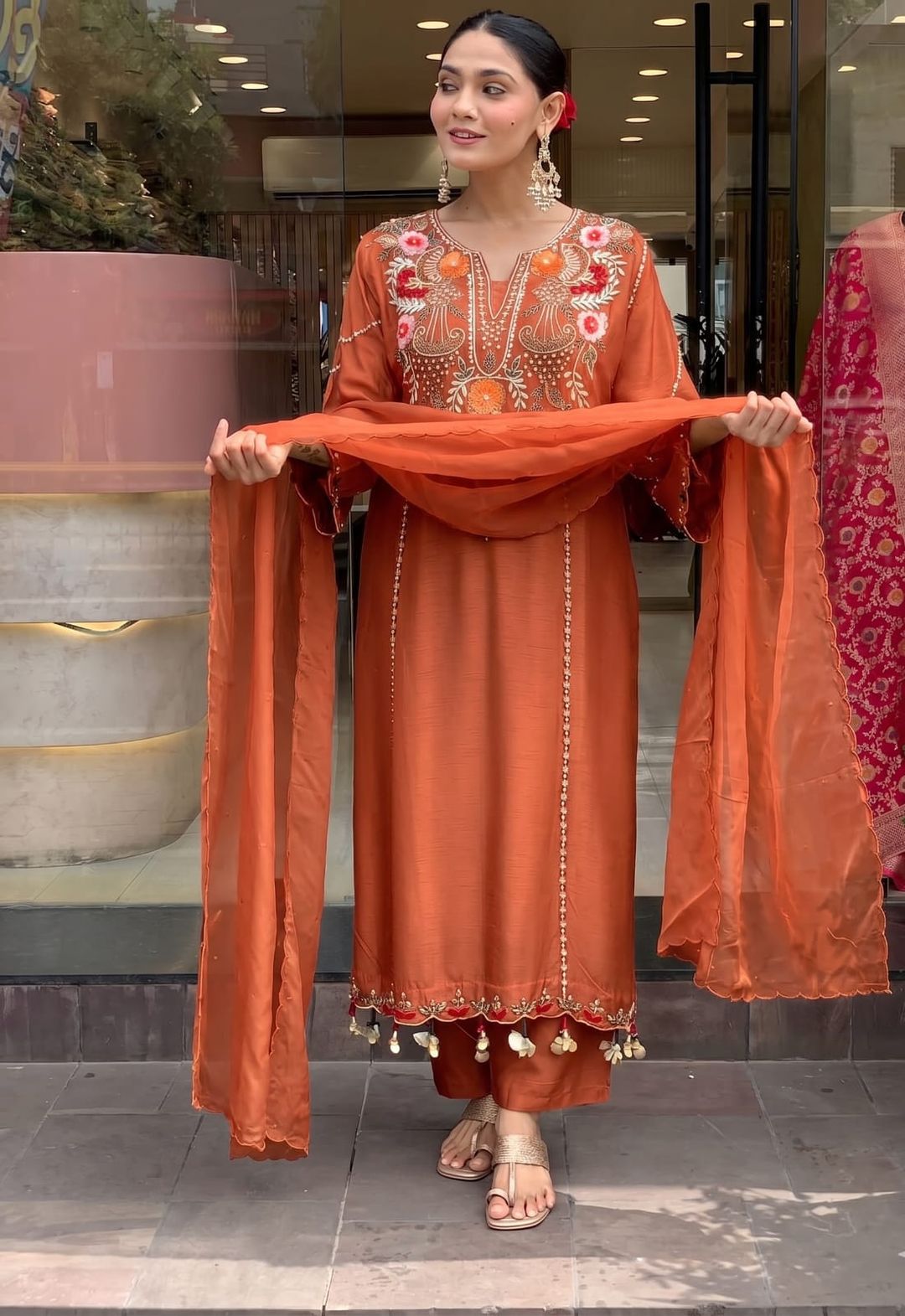 Rust Orange Chanderi Silk Embroidered Kurta Set for Women