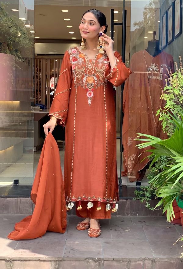 Rust Orange Chanderi Silk Embroidered Kurta Set for Women