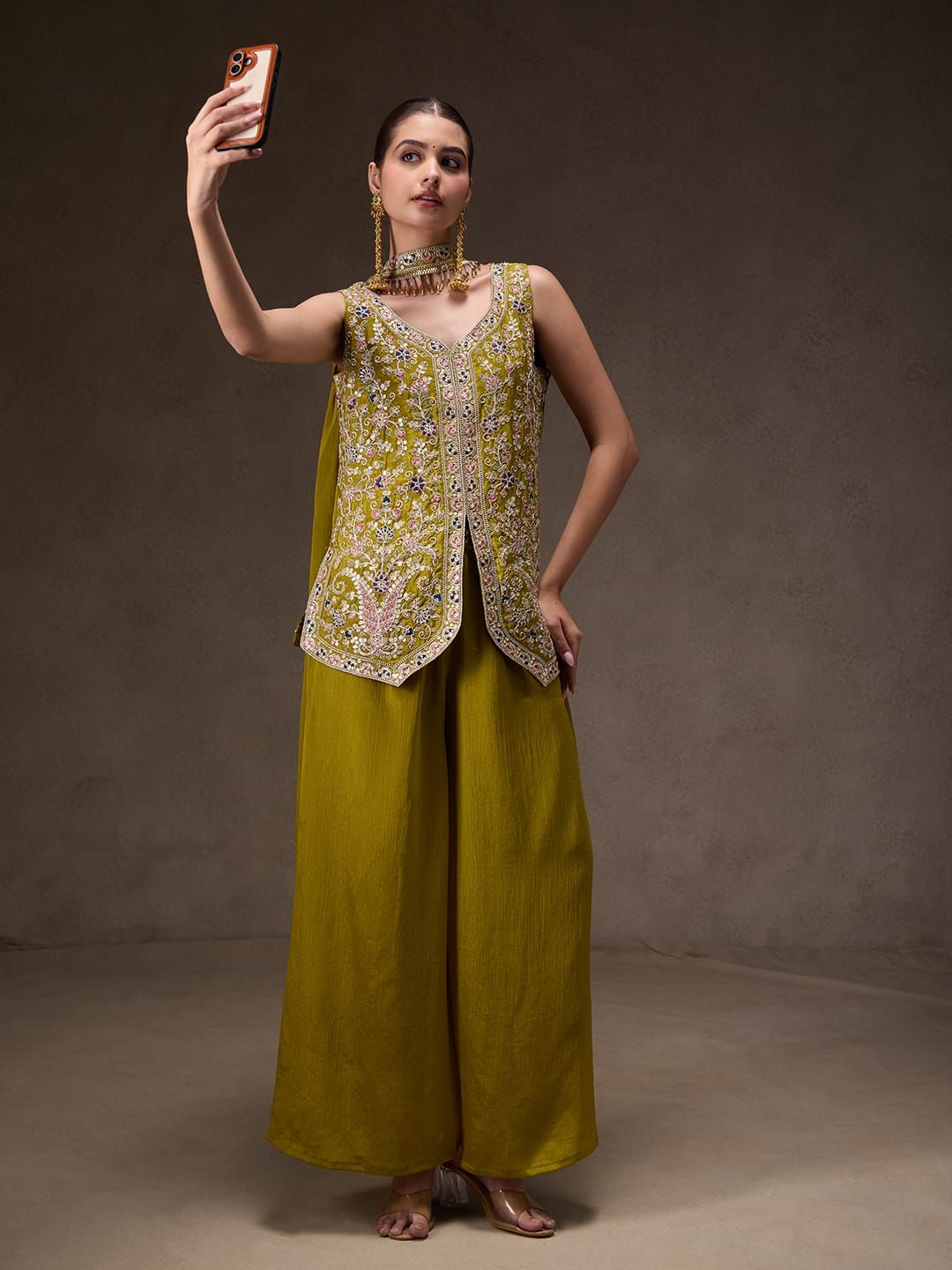 Olive Green Chinon Sharara Set with Sequin Embroidery