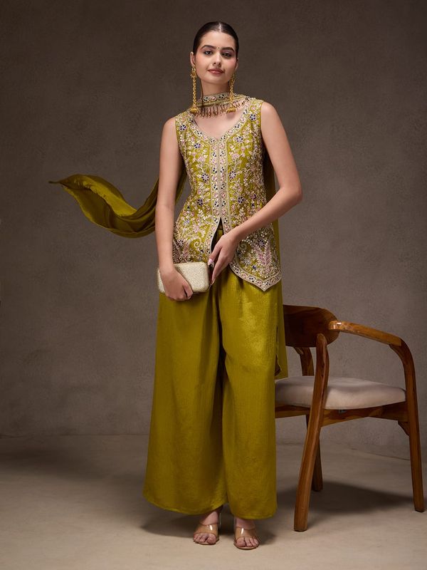 Olive Green Chinon Sharara Set with Sequin Embroidery