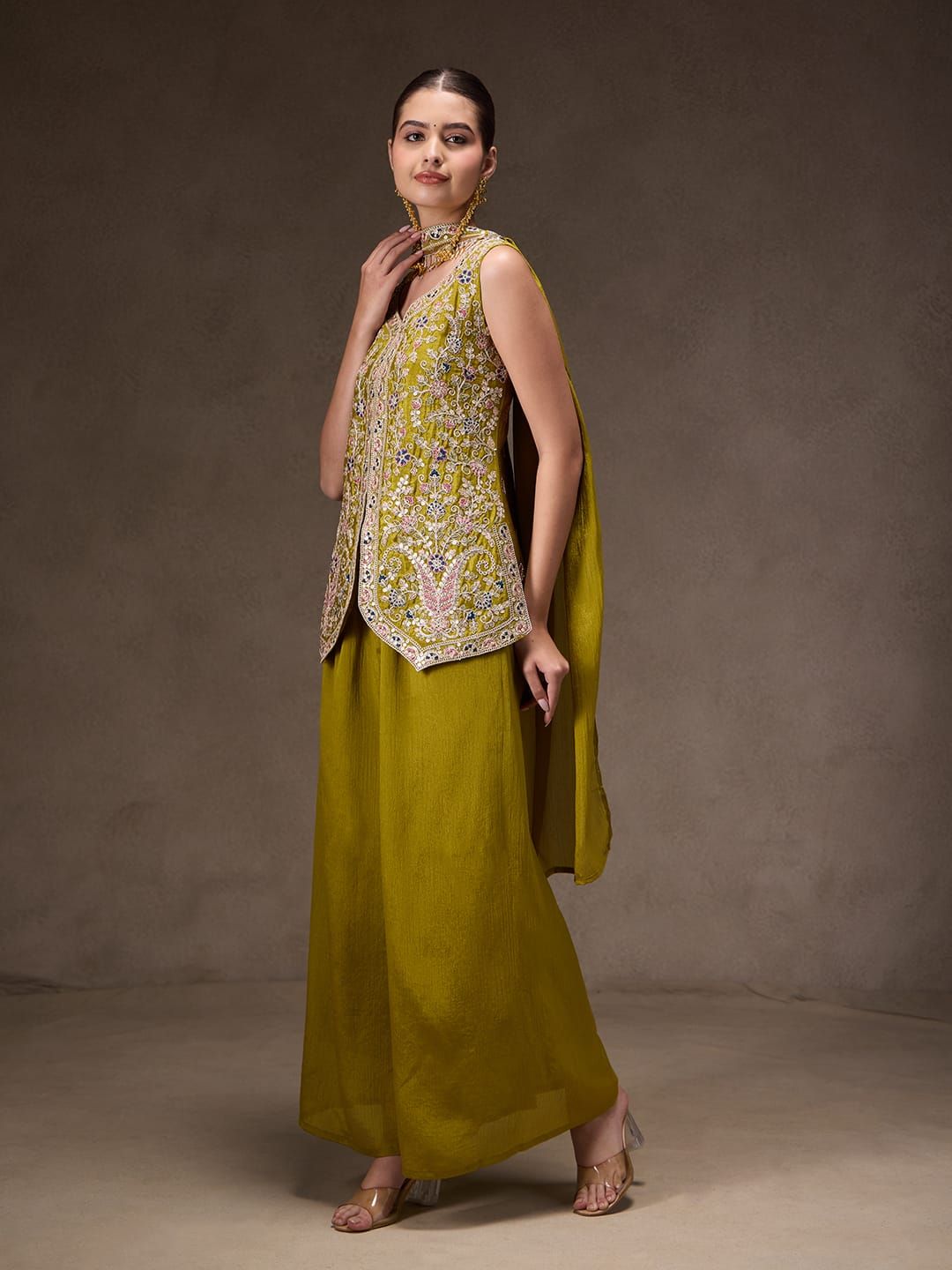 Olive Green Chinon Sharara Set with Sequin Embroidery