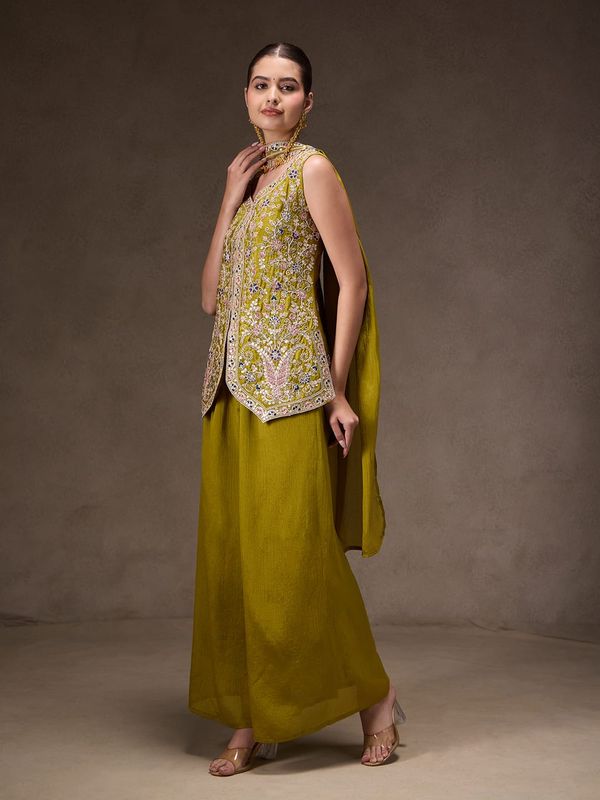 Olive Green Chinon Sharara Set with Sequin Embroidery
