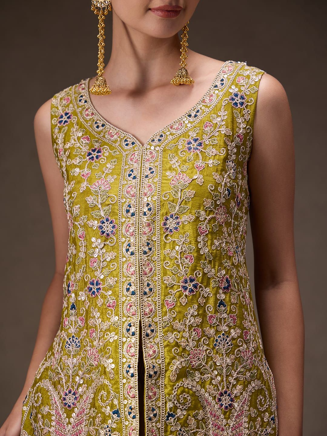 Olive Green Chinon Sharara Set with Sequin Embroidery