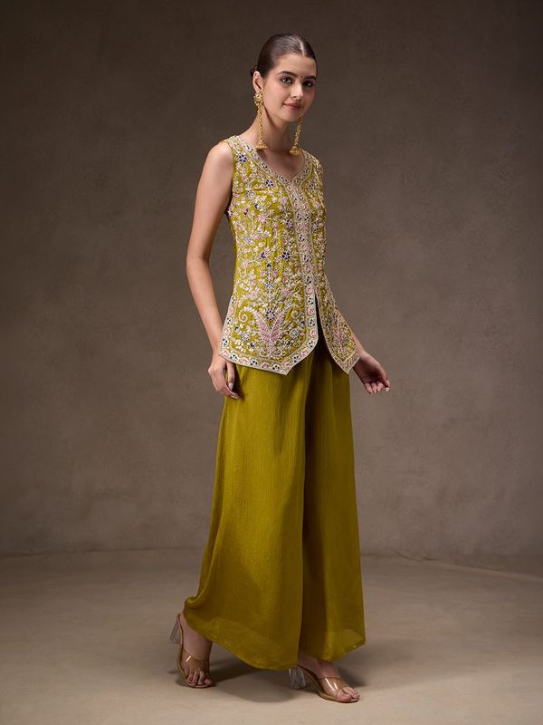 Olive Green Chinon Sharara Set with Sequin Embroidery