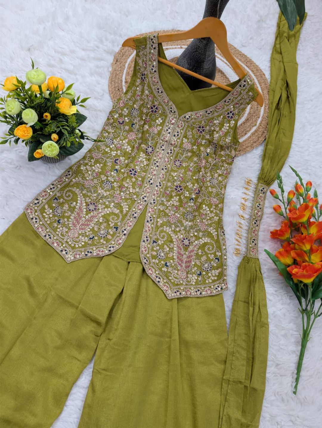 Olive Green Chinon Sharara Set with Sequin Embroidery