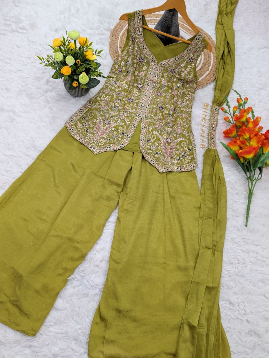 Olive Green Chinon Sharara Set with Sequin Embroidery