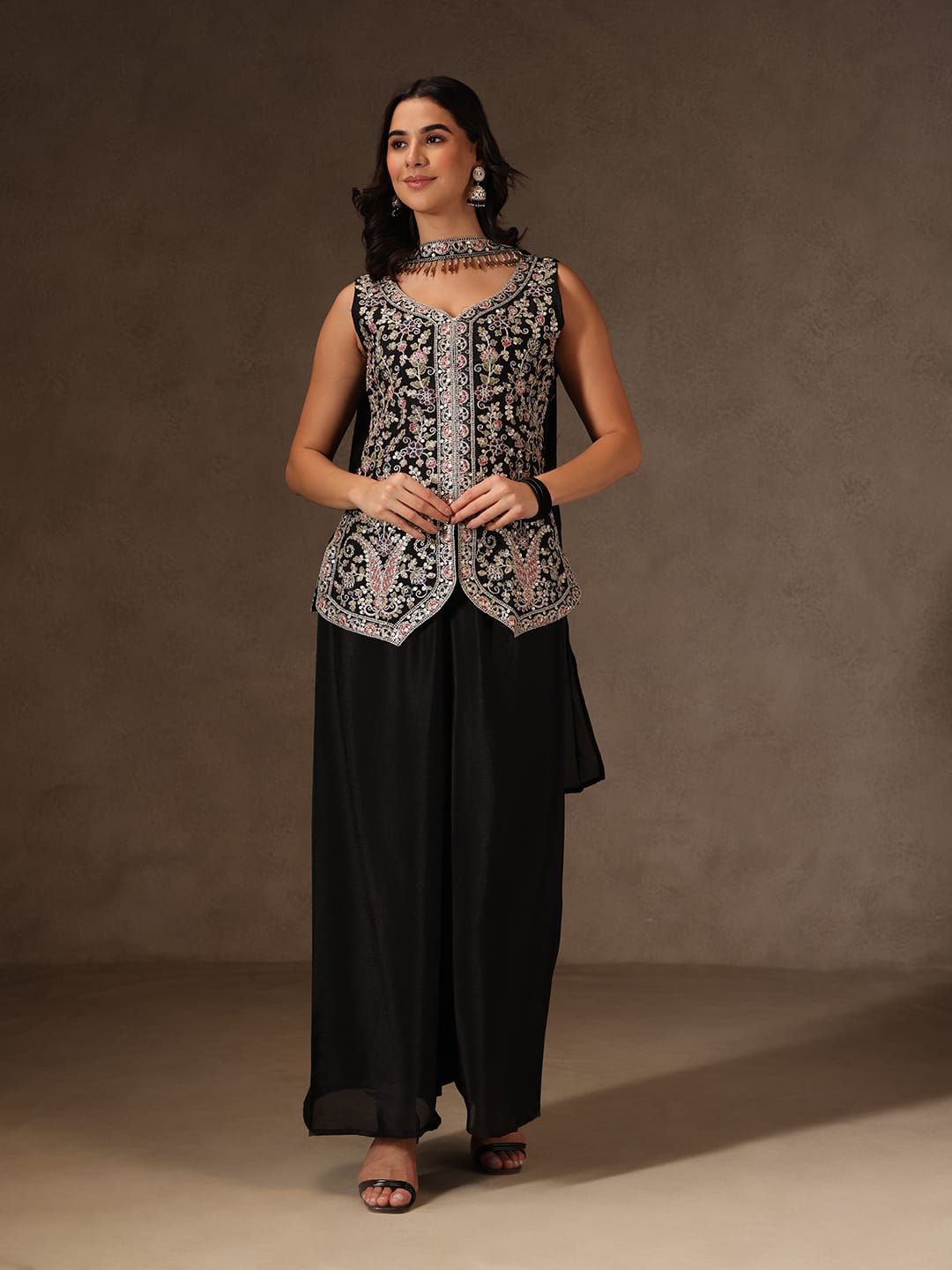 Black Chinon Sharara Set with Multicolour Embroidery for Women