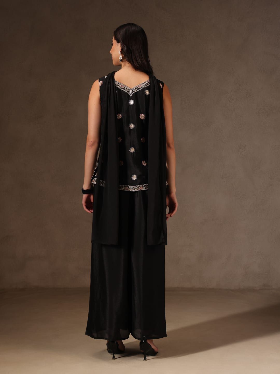 Black Chinon Sharara Set with Multicolour Embroidery for Women