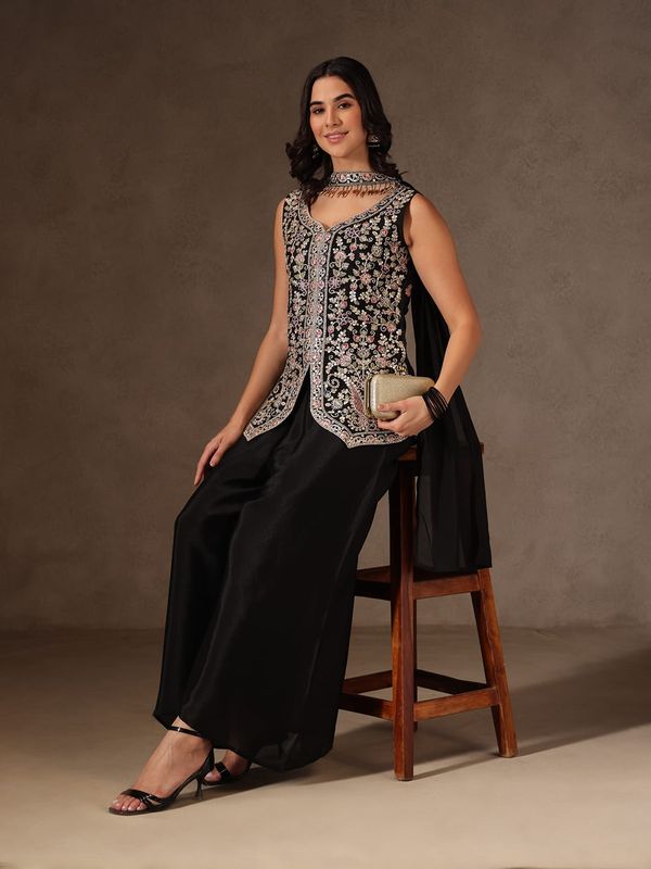 Black Chinon Sharara Set with Multicolour Embroidery for Women