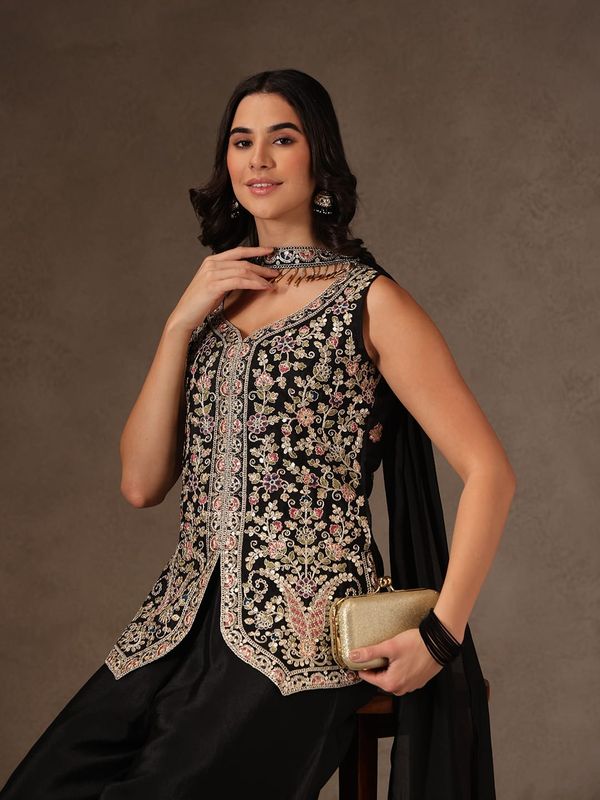 Black Chinon Sharara Set with Multicolour Embroidery for Women
