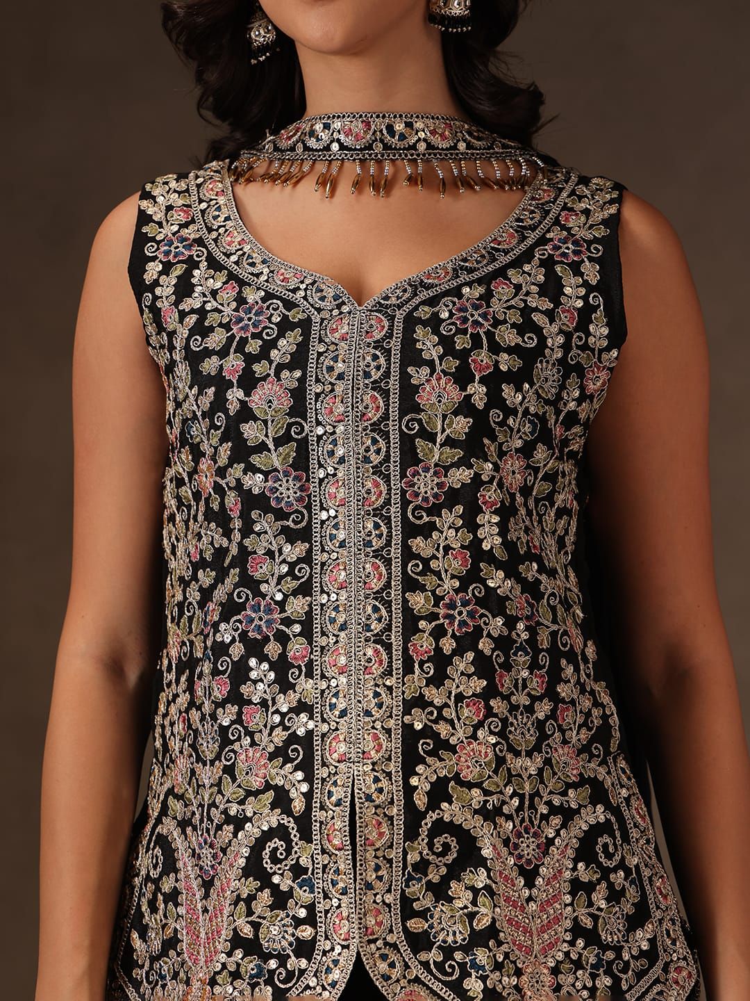 Black Chinon Sharara Set with Multicolour Embroidery for Women