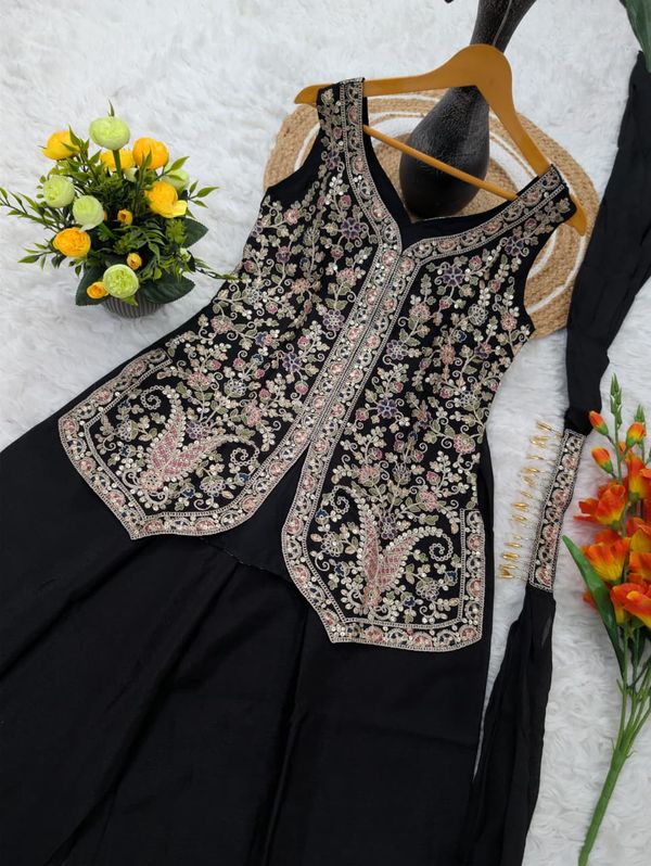 Black Chinon Sharara Set with Multicolour Embroidery for Women