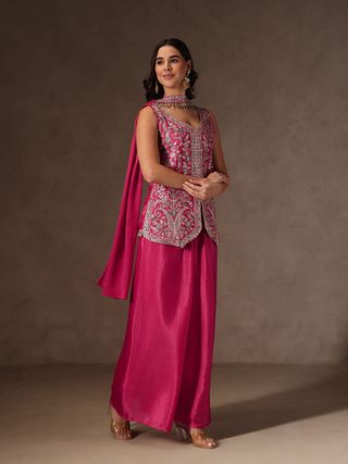 Magenta Chinon Sharara Set with Heavy Floral Embroidery for Women